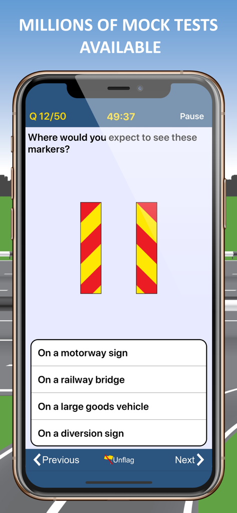 Driving Theory Test Kit (2026) - Mobile app interface showing a UK driving theory mock test question about road markers with multiple choice answers.