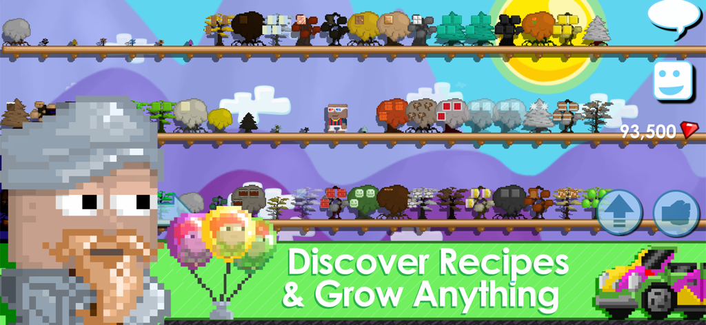 Un paisaje de pixel art en Growtopia que muestra hileras de árboles únicos y un personaje con el texto Descubre Recetas y Cultiva Cualquier Cosa.