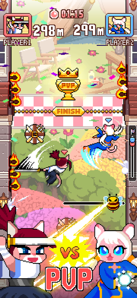 Cat Jump (Global) - Cat Jumpのピクセルアートのスクリーンショット。2匹の猫がゴールラインを目指してPVPレースで競い合っている様子。