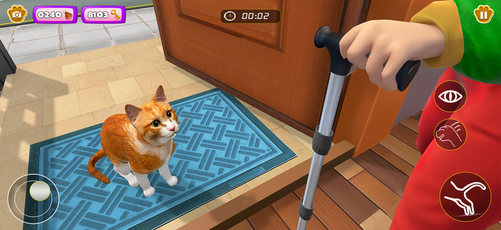 Prankster Granny Cat Life - A ginger cat sitting on a blue doormat looking at a granny with a cane in a mobile simulation game.