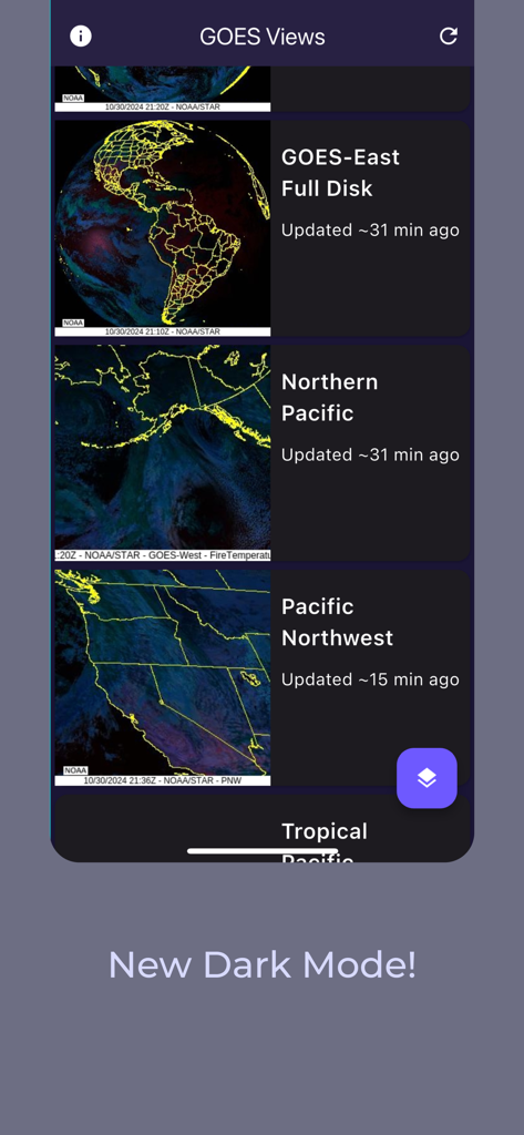 GOES Viewer - Screenshot of GOES Viewer app showing various NOAA satellite imagery views in dark mode