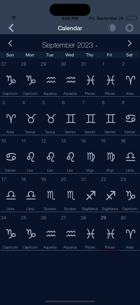 A monthly calendar interface displaying zodiac symbols and names for each day.