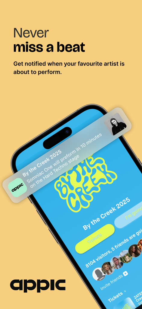 Appic - Festivals & More - A smartphone screen showing an Appic notification for an upcoming artist performance at a music festival