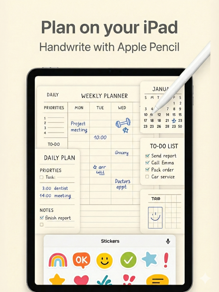 Agenda numérique esthétique sur iPad montrant des mises en page hebdomadaires et quotidiennes avec des notes manuscrites et des autocollants colorés.