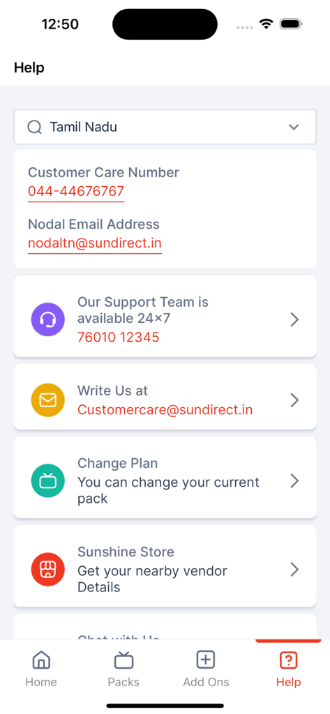 My Sun Direct App - Help section of the My Sun Direct app showing support contact details and plan options