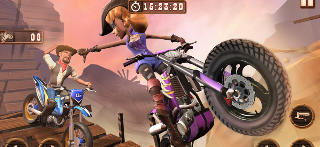 Mountain Bike Xtreme Racing - Una ciclista femenina haciendo un caballito en una motocicleta morada en un entorno de desierto y cañón.