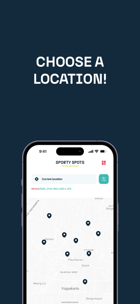 PassSport! - PassSport app map interface showing nearby gym and pool locations with pins