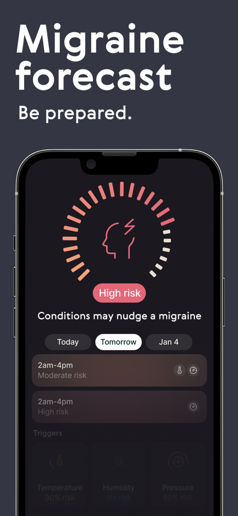 Relief - Migraine Tracker - Relief app interface showing a migraine risk forecast with high risk indicator and environmental triggers.