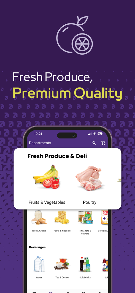 ADCOOP - ADCOOP-App-Oberfläche, die frische Produkte und Lebensmittelabteilungen zeigt.