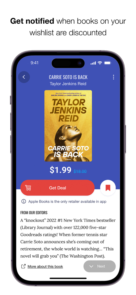 BookBub app interface showing an ebook discount and price alert notification.