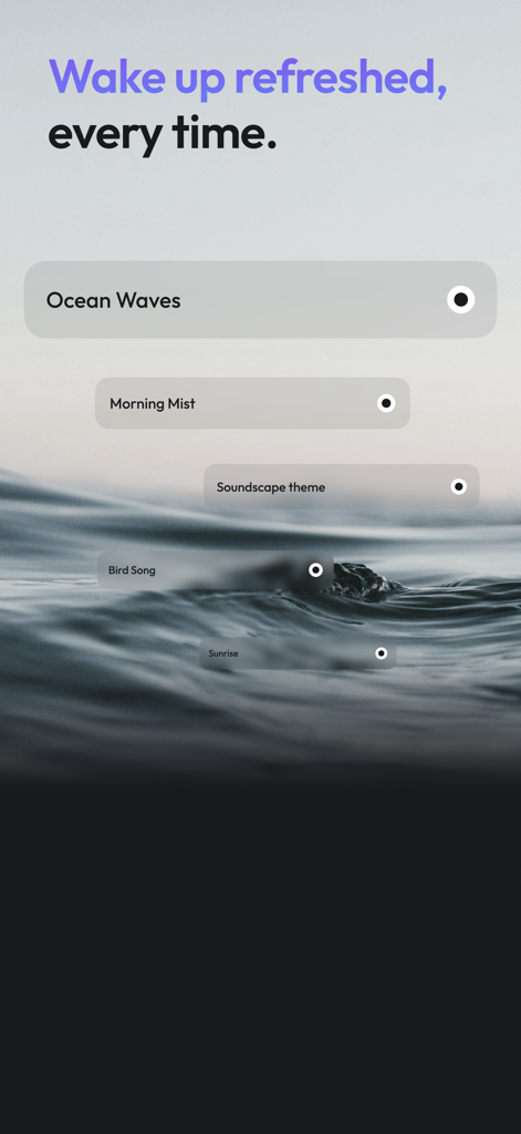 Soundscape: Focus & Deep Sleep - Interface of Soundscape app showing different calming alarm sound options like Ocean Waves and Morning Mist over a tranquil sea background