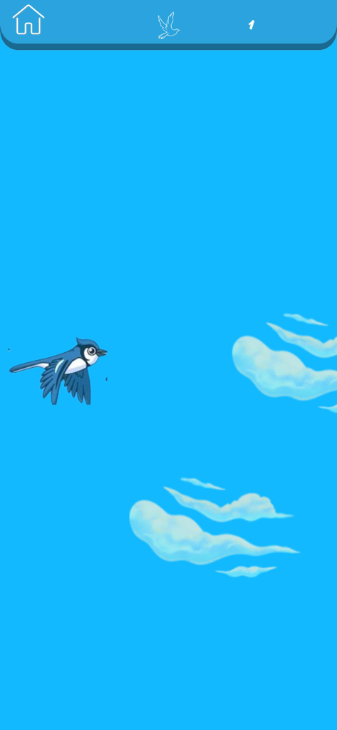 Cozy & Comfy Coloring Book - エキサイティングな鳥のゲームモードで、白い雲のある澄んだ青空を飛ぶ青い鳥。