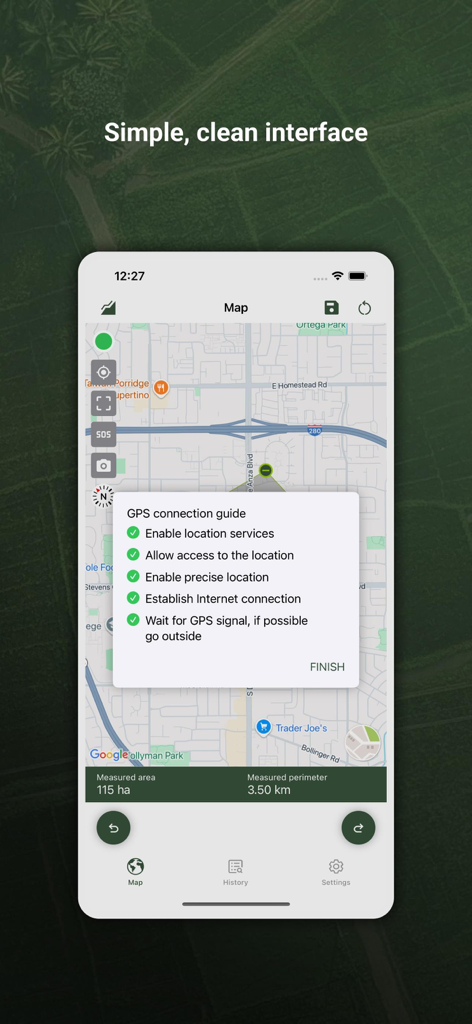 My GPS Area Calculator - Interface de l'application Mon Calculateur de Surface GPS montrant des mesures sur carte et un guide de connexion GPS