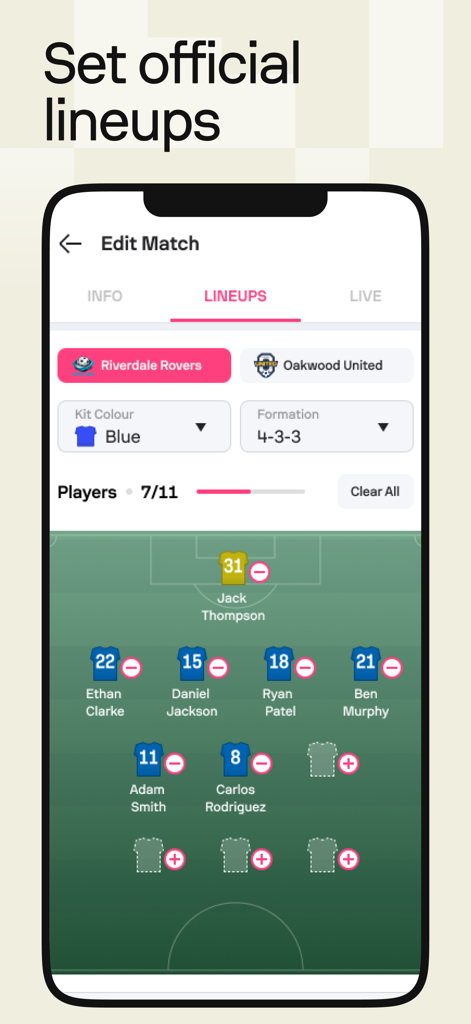 Schermata dell'app per impostare le formazioni ufficiali di calcio e le squadre con i ruoli dei giocatori
