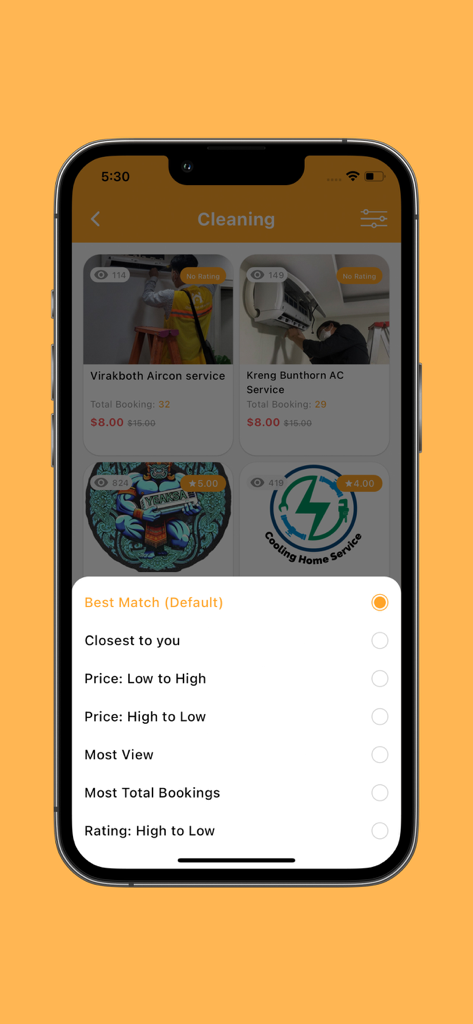 Orkun App - Home Services - Orkun App interface showing sorting options for home service providers.