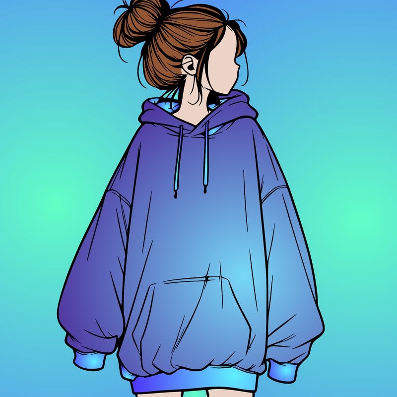 realistic girl with a oversized sweatshirt on and a bun