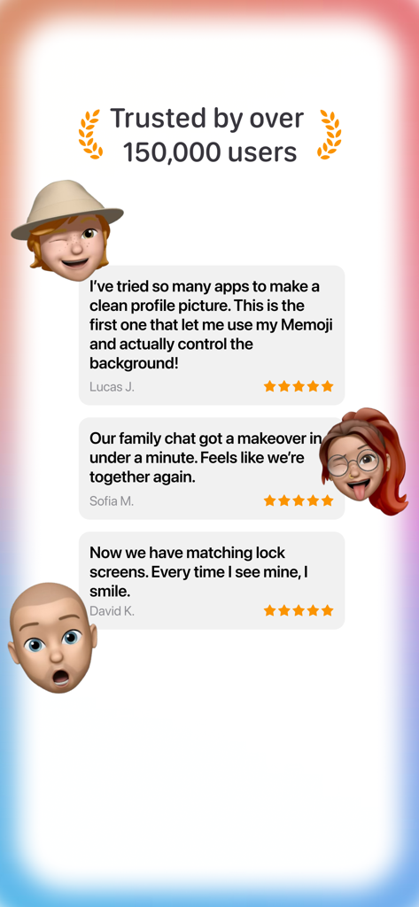 Memoji Avatar Maker • Likeness - Screenshot of user reviews and testimonials for the Likeness Memoji Avatar Maker app featuring five star ratings and positive feedback