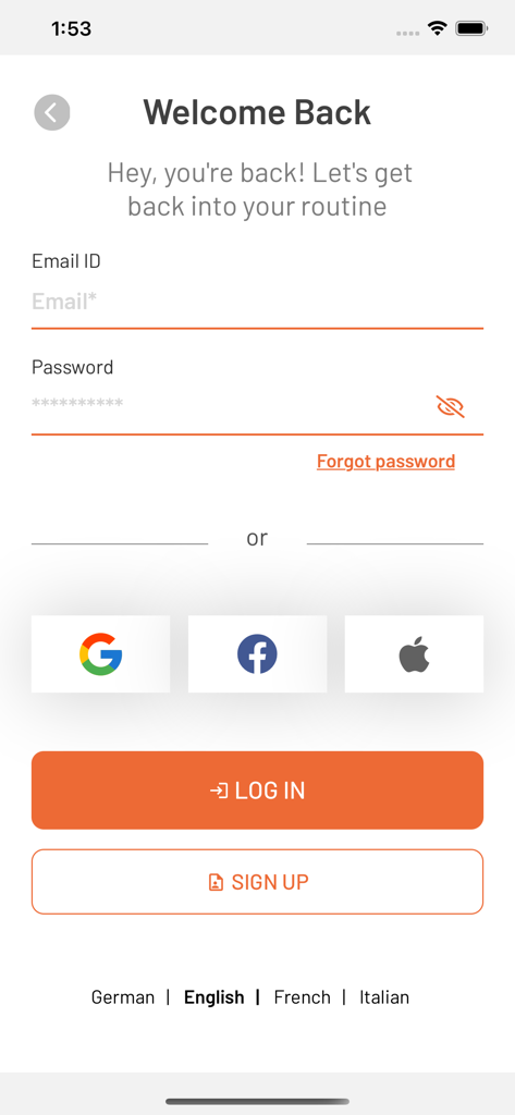 SQUEGG - SQUEGG app login screen with email and social sign in buttons
