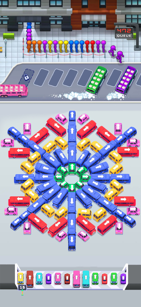 Bus Mania Jam Traffic Escape - A gameplay screen of Bus Mania Jam showing a circular arrangement of colorful buses and a passenger queue.
