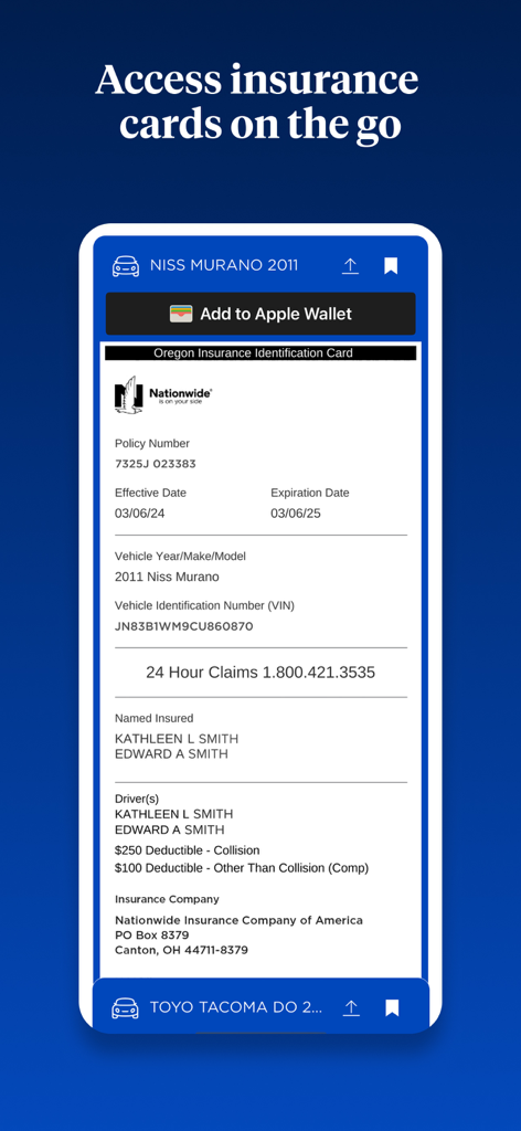 Tela do aplicativo Nationwide Mobile exibindo uma carteira de identidade digital de seguro automotivo para um veículo com opção de adicionar à Carteira Apple.