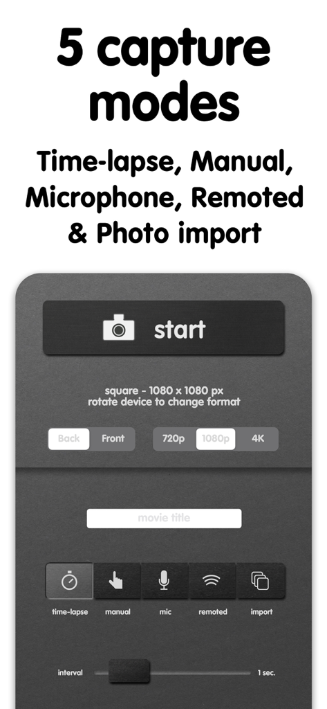 The iMotion app interface displaying five capture modes and resolution settings for stop-motion and time-lapse video.