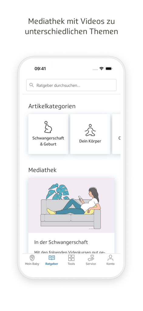 Bildschirm der TK-BabyZeit App-Mediathek mit Kategorien für Artikel über Schwangerschaft und Geburt sowie Videoinhalten für werdende Eltern