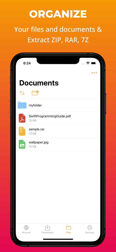 Interfaz de la app fGet mostrando archivos organizados, incluyendo documentos y formatos de archivo comprimido como RAR
