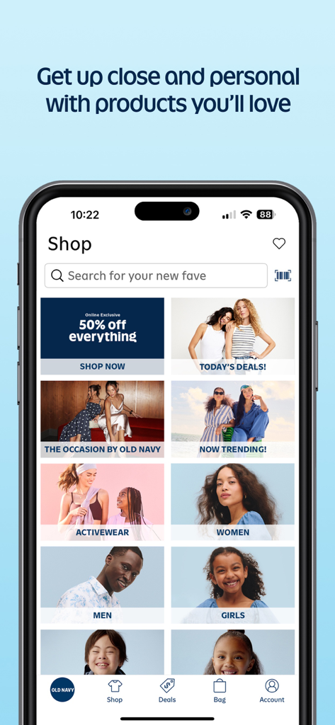 Old Navy app shop screen showing clothing categories for the whole family and current deals
