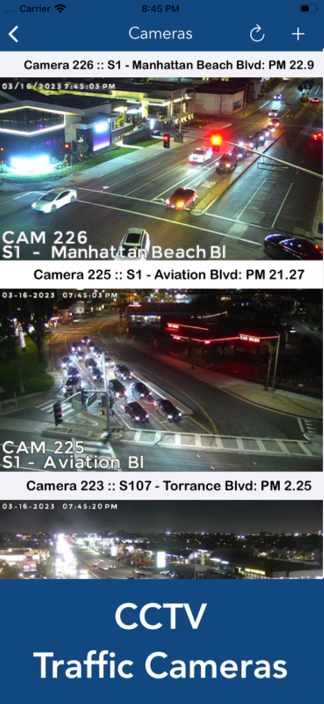 California 511 Road Conditions - Screenshot of the California 511 app displaying live CCTV traffic camera feeds for road monitoring at night
