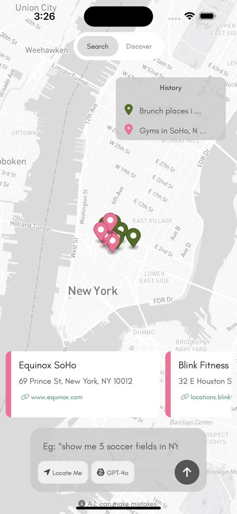 Smartmap - AI Map - Smartmap app interface showing AI powered geographic search results for gyms in New York City