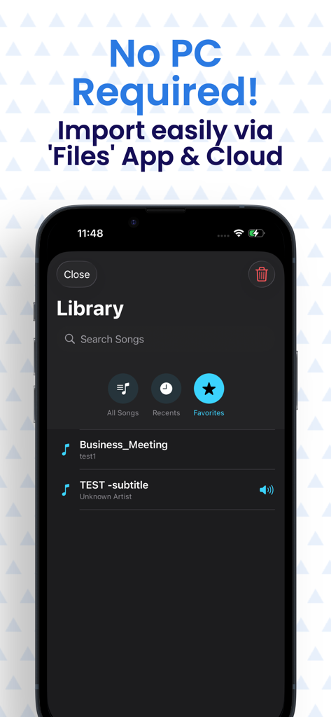 AB Repeater-  mp3 Music player - AB Repeater app library interface displaying audio files imported from cloud and iOS Files app