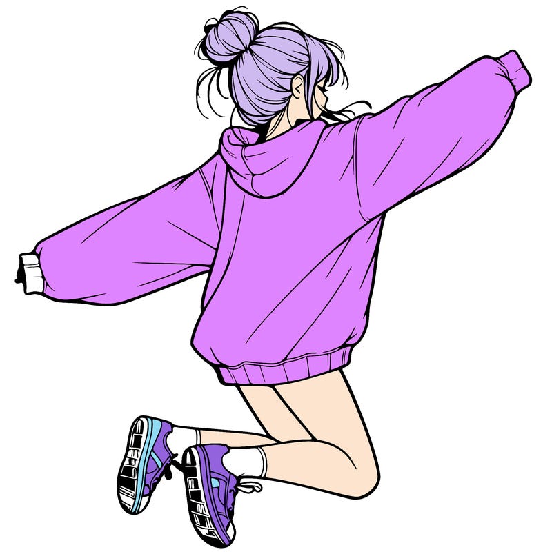 realistic girl jumping with a bun and oversized sweatshirt