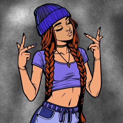 realistic teenage girl with braids and a beanie and crop top doing 🫶🏼