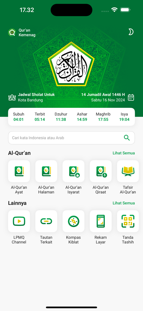 Quran Kemenag app home screen showing prayer times and various Quranic study features
