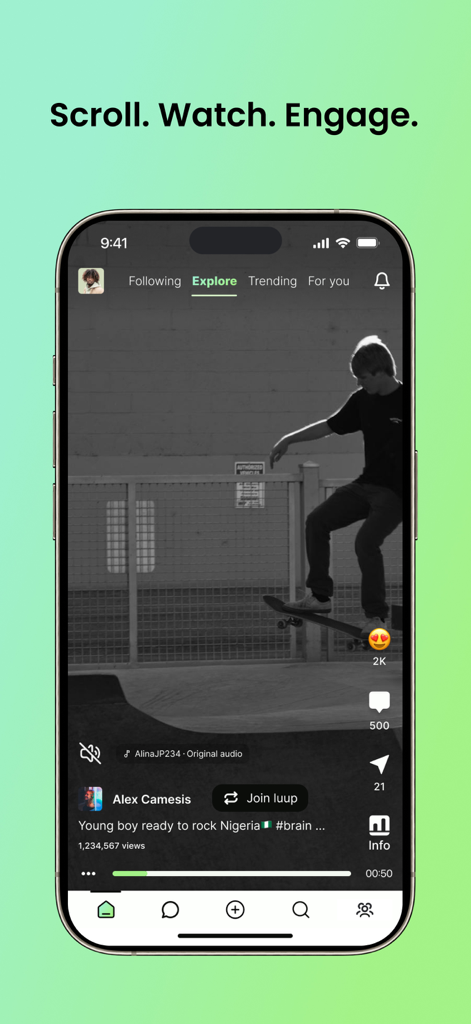 Smartphone display of the luupli app video feed featuring a skateboarder and social engagement icons