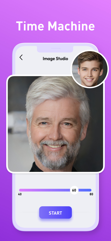What Will My Baby Look Like - Age progression filter showing a young man transformed into an older version