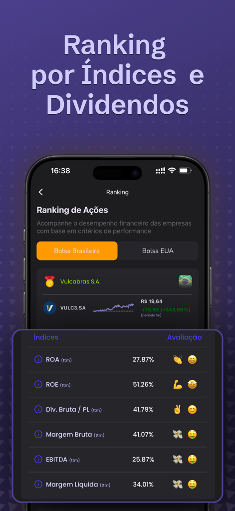 Gaze - Análise Fundamentalista - Interfaz de la aplicación Gaze que muestra rankings de acciones y métricas financieras para análisis fundamental.