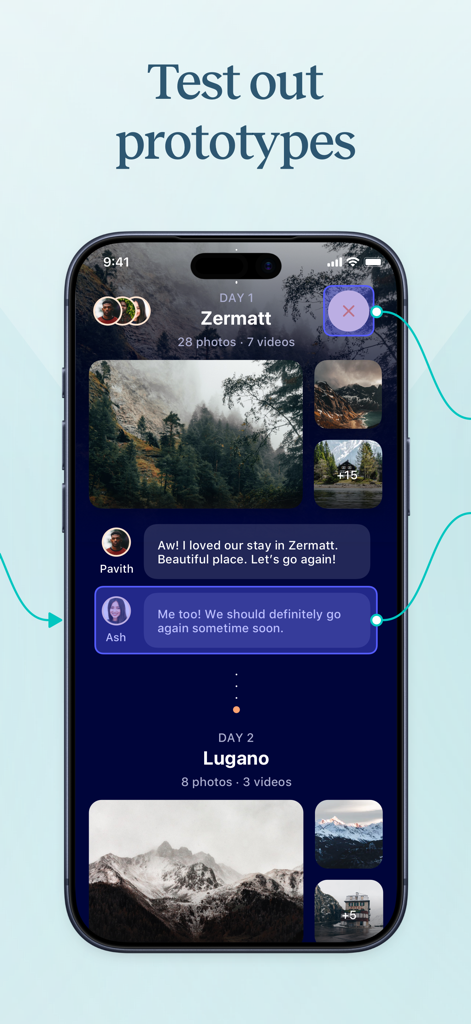 Sketch — View and Mirror - Un iPhone mostrando un prototipo de aplicación móvil para un diario de viajes siendo probado en la aplicación Sketch.