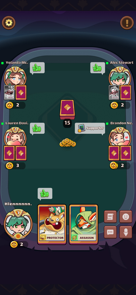 Coup Online - Board Game - Gameplay screen of Coup Online board game showing five players and character cards