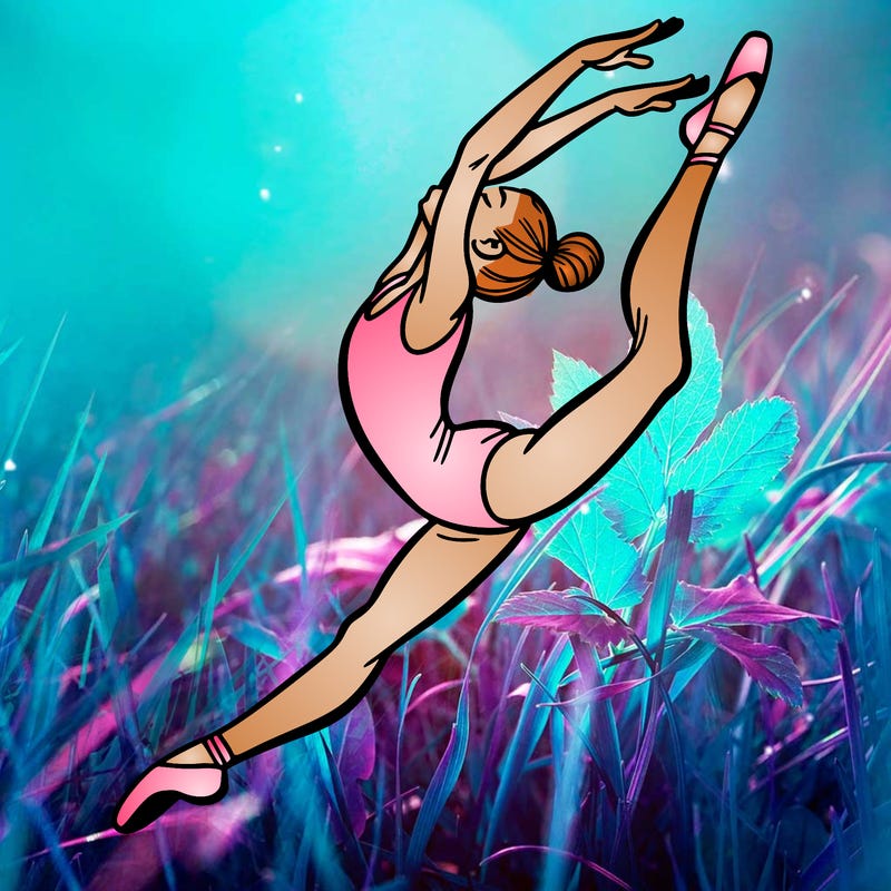 gymnast doing a leap in a leotard with a bent back leg