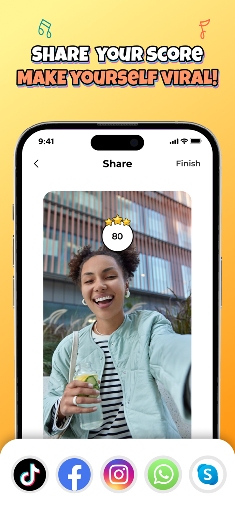 A user sharing their quiz challenge score and video to social media platforms like TikTok and Instagram