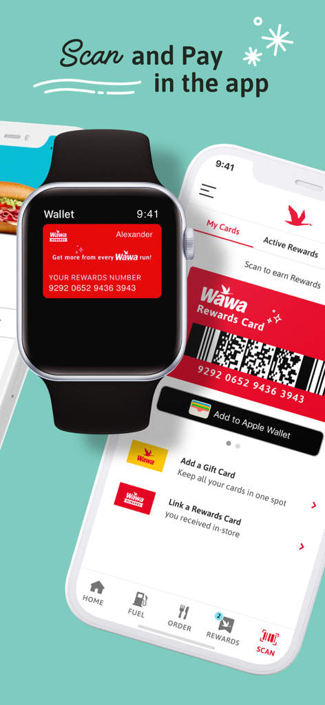 Wawa app showing rewards card scanning on iPhone and Apple Watch