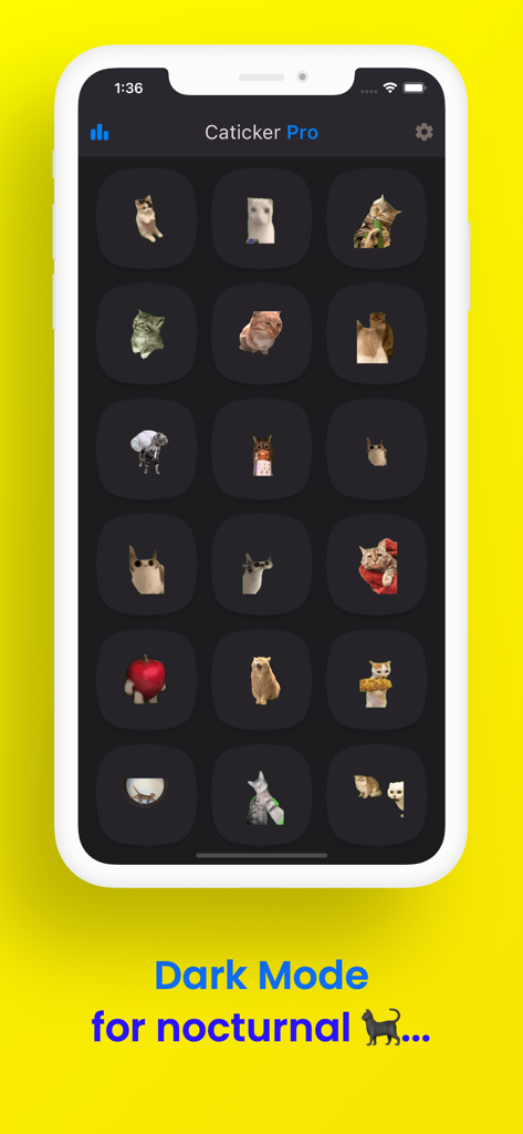 Cat Meme Stickers: Caticker - Caticker Pro mobile app interface displaying a collection of cat meme stickers in dark mode on a bright yellow background.