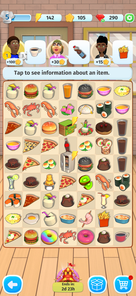 Food Merge: Cook & Design - Jogabilidade do Food Merge mostrando uma grade de ingredientes e pedidos de clientes para um café
