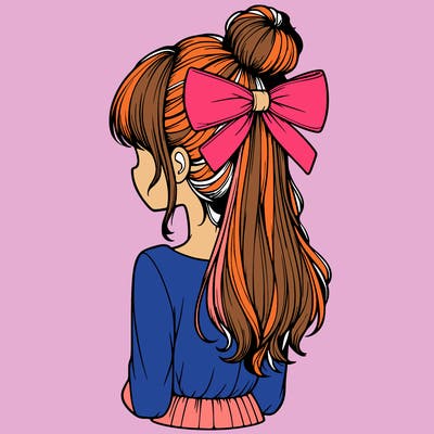 realistic girl  with hip length hair a bun and a big bow on the back of head