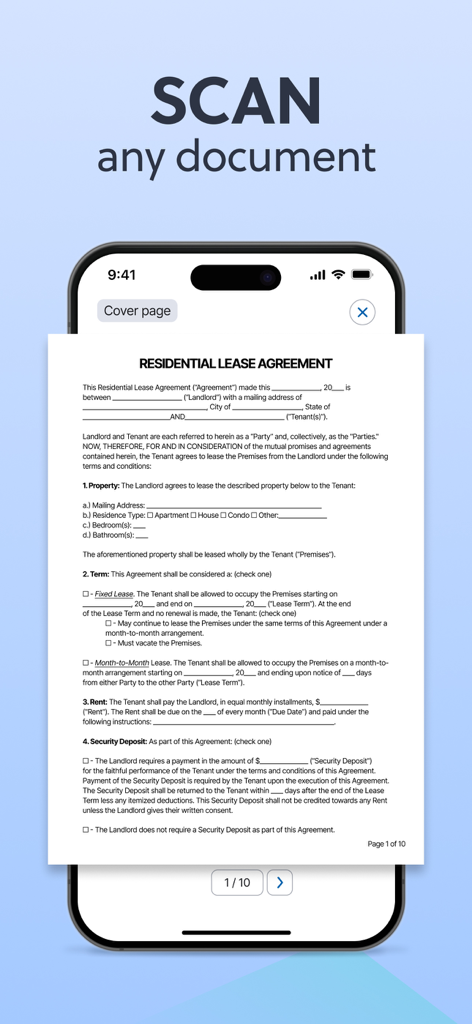 iPhone screen displaying a residential lease agreement being scanned for faxing