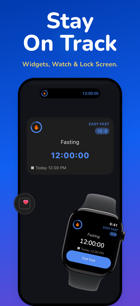 Fasting Tracker • Easy Fast - Aplicación Easy Fast que muestra el temporizador de ayuno en widgets de pantalla de bloqueo del iPhone y Apple Watch.