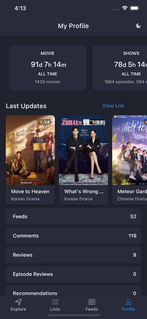 MyDramaList app user profile screen displaying total watch time for movies and shows along with recent drama list updates