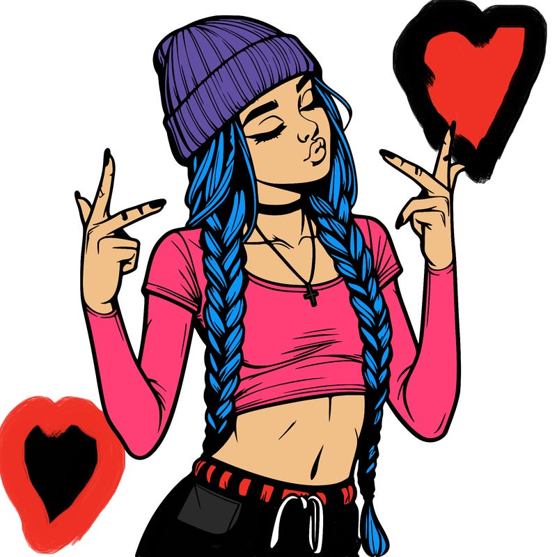 realistic teenage girl with braids and a beanie and crop top doing 🫶🏼