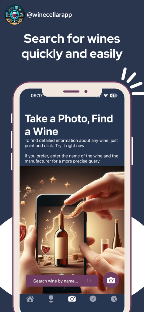 Mobile app screen demonstrating searching for wine information by taking a photo of the bottle label.